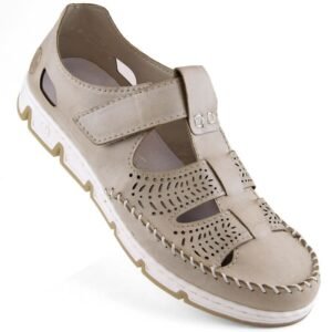 Rieker W RKR651 beige leather openwork shoes with velcro – 40, Brown